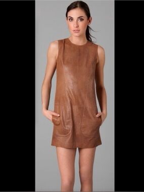 Vince Sleeveless Brown Leather Shift Dress